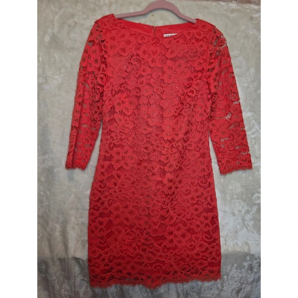 Trina Turk‎ Coral Red Floral Lace Sheath Dress 3/4 Sleeve Size 4 Cocktail Event
